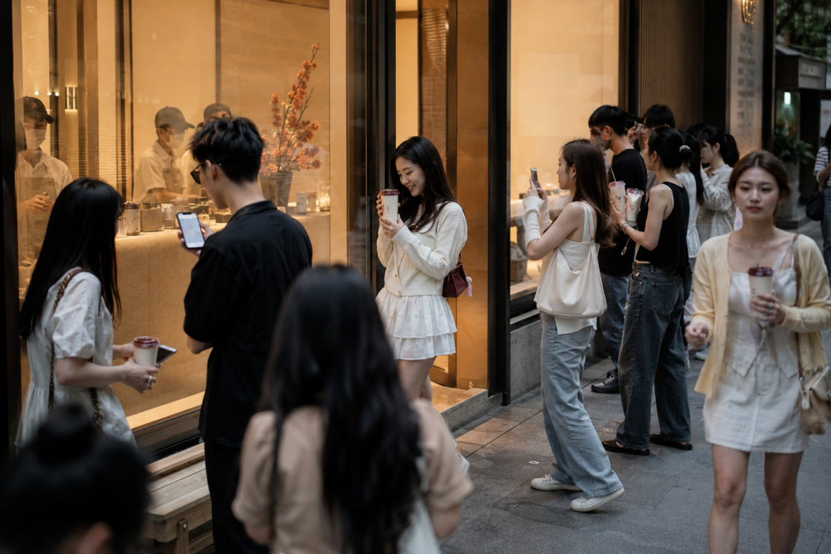 Young customers waiting, photographing drinks and collecting orders outside a popular CHAGEE store