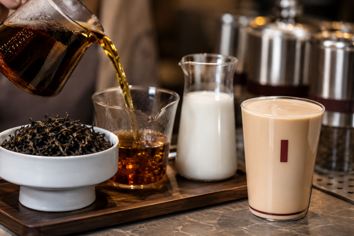 Freshly brewed whole-leaf tea and milk being prepared inside a modern CHAGEE-style tea bar