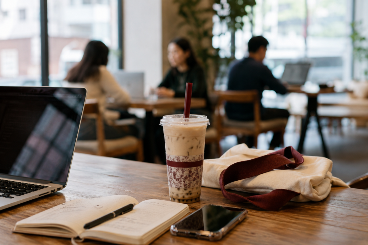 A modern milk tea cup beside a laptop and notebook as part of an everyday urban routine