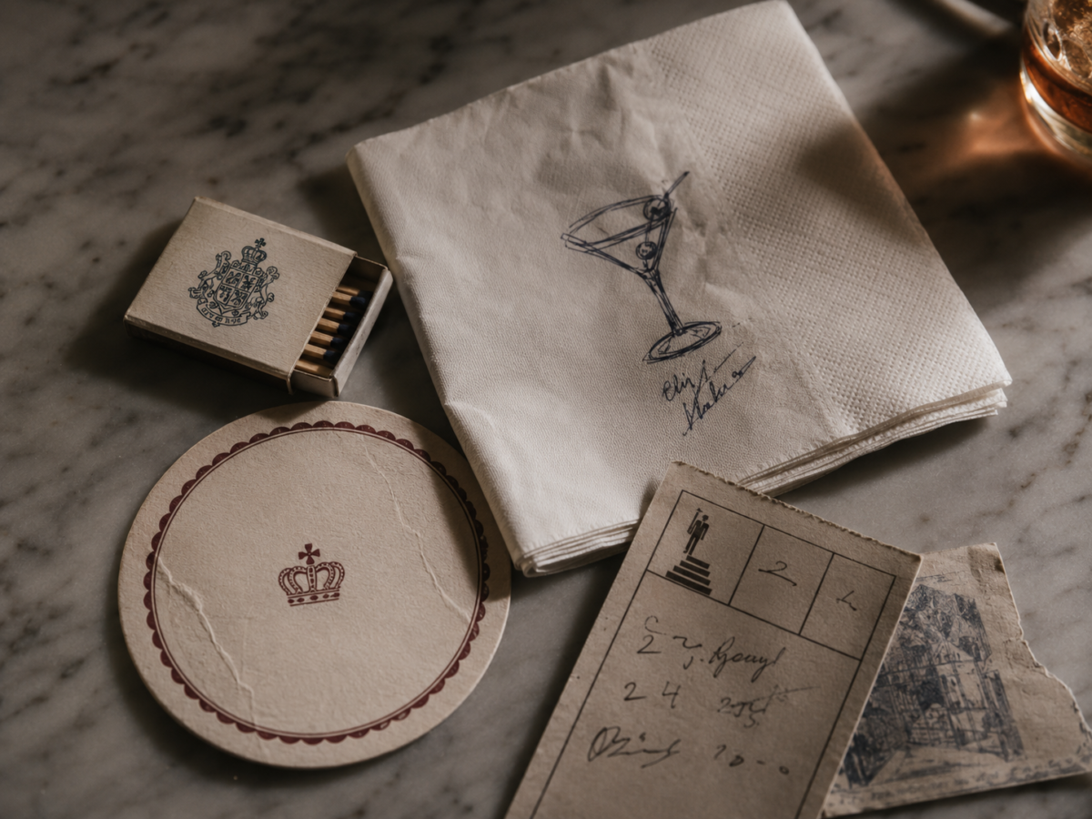Charlie Child-inspired napkin, matchbox and coaster arranged as collectible hospitality ephemera