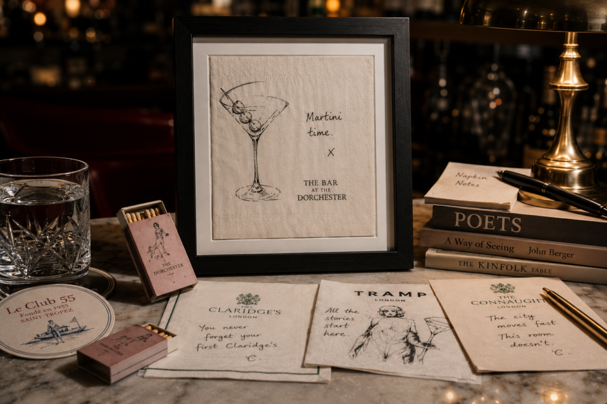 Charlie Child-inspired framed napkin artwork with hotel ephemera on a dimly lit bar table