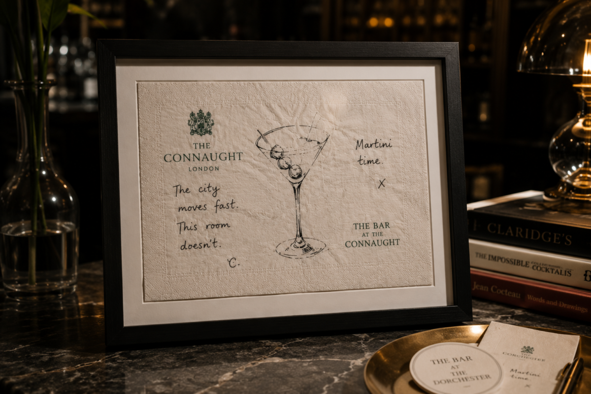 Charlie Child-inspired framed napkin artwork displayed in a moody hotel bar interior