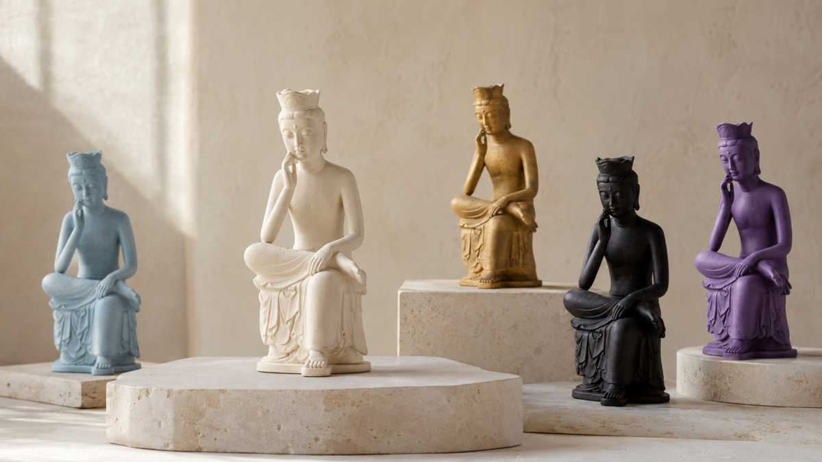 Pensive Bodhisattva miniatures in ivory, gold, black, sky blue and purple