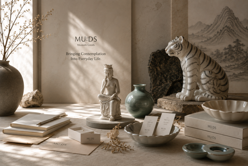 MU:DS museum goods inspired by Korean heritage, including a Pensive Bodhisattva miniature, ceramics, tiger art and stationery