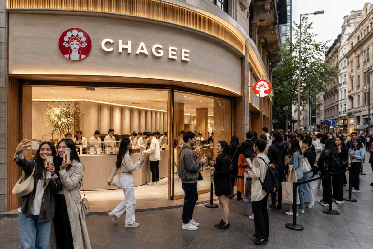Customers waiting outside a busy CHAGEE tea house during an international store launch