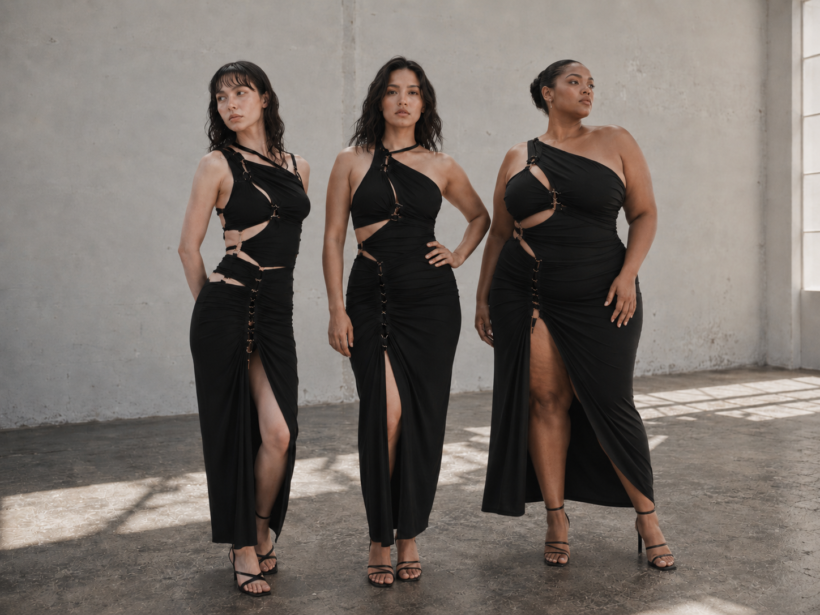 Sinéad O'Dwyer: Why Is Seeing a Normal Body on a Runway Still Radical? Three models wearing black Sinéad O'Dwyer dresses in a minimalist studio, showing the same fashion language across different body types
