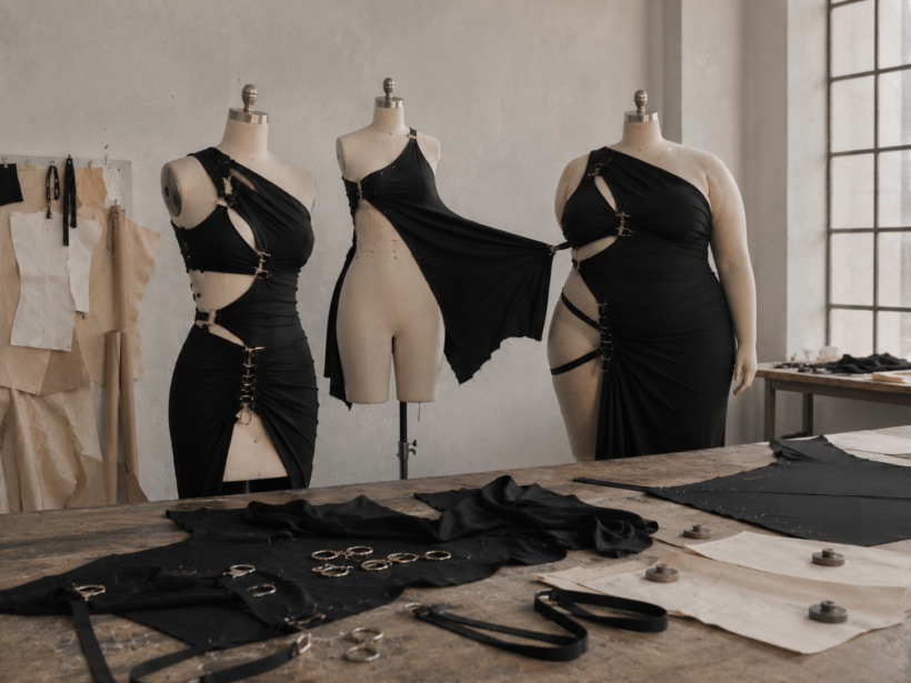 Sinéad O'Dwyer: Why Is Seeing a Normal Body on a Runway Still Radical? Sinéad O'Dwyer design process showing stretch fabric, pattern cutting and garment construction across different body forms