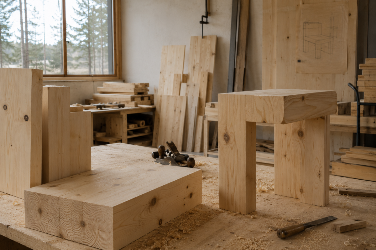 Raw Finnish pine timber with visible knots and grain in a furniture workshop