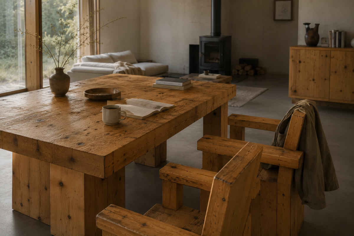 Aged pine furniture with a warm honey tone in a lived-in contemporary home