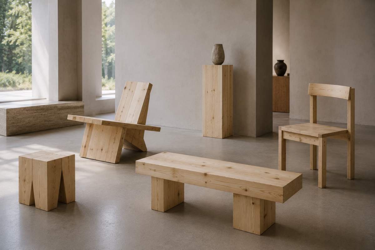 Different Vaarnii-style furniture designs made from solid Finnish pine