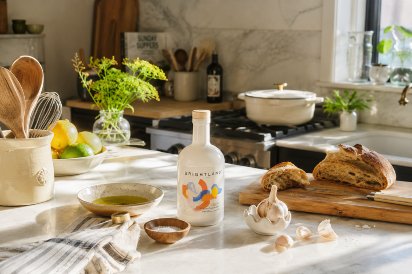 Brightland olive oil in a sunlit lived-in kitchen with bread, garlic and everyday cooking essentials