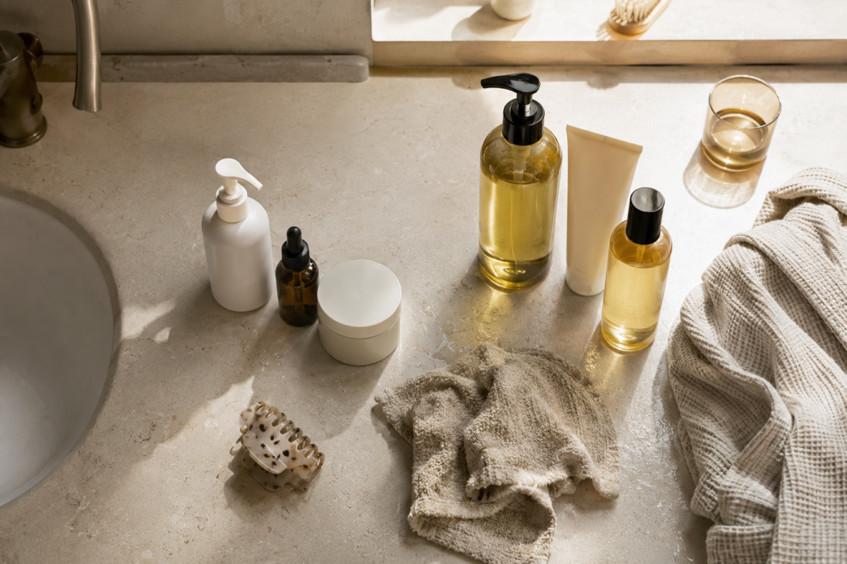 Facial skincare and body care products arranged together as part of one beauty routine