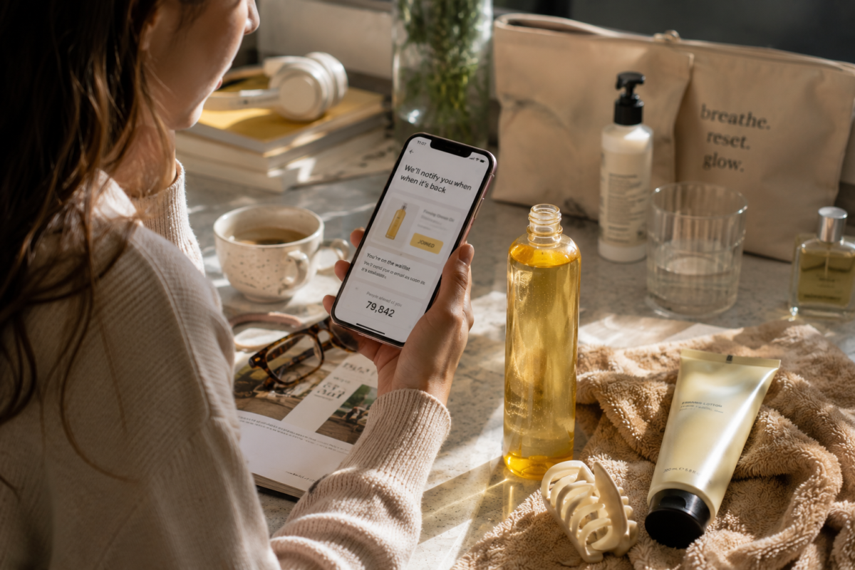 A beauty shopper checking her phone while waiting for a sold-out body care product to restock