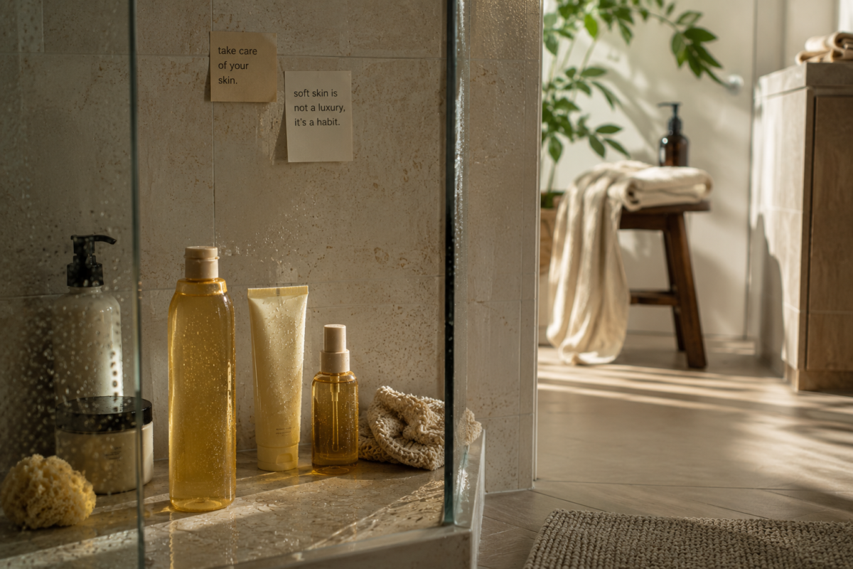 A half-used shower oil integrated into an ordinary everyday bathroom routine