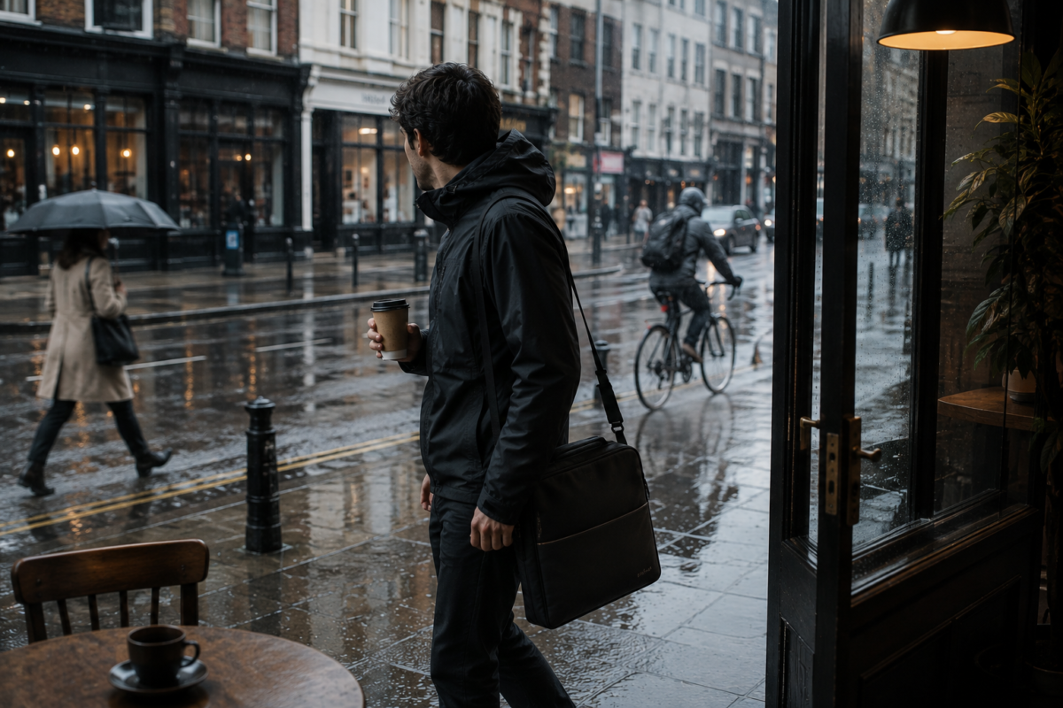 A commuter wearing a minimalist technical shell on a rainy weekday morning in the city