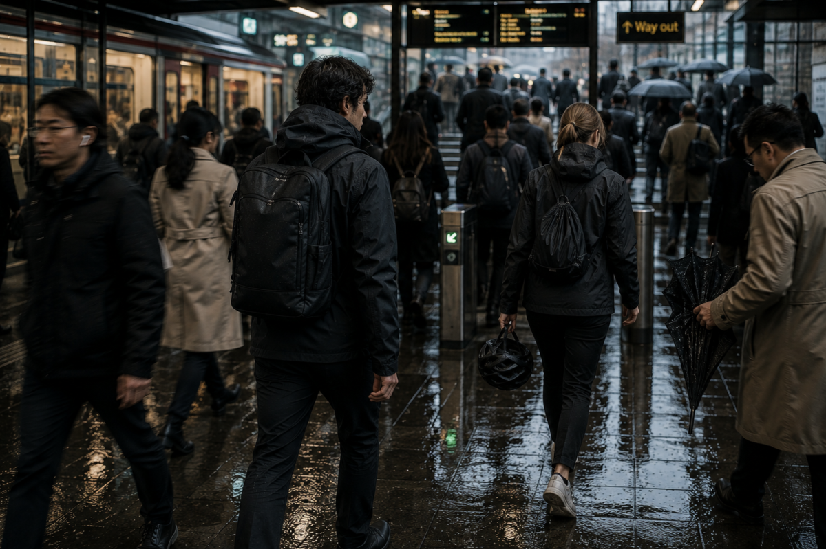 City commuters wearing technical outdoor jackets during a wet weekday journey