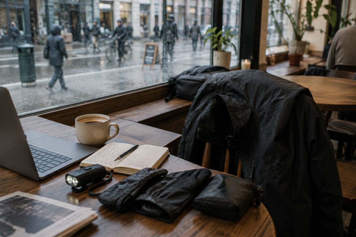 A well-used technical shell resting on a café chair beside everyday work essentials