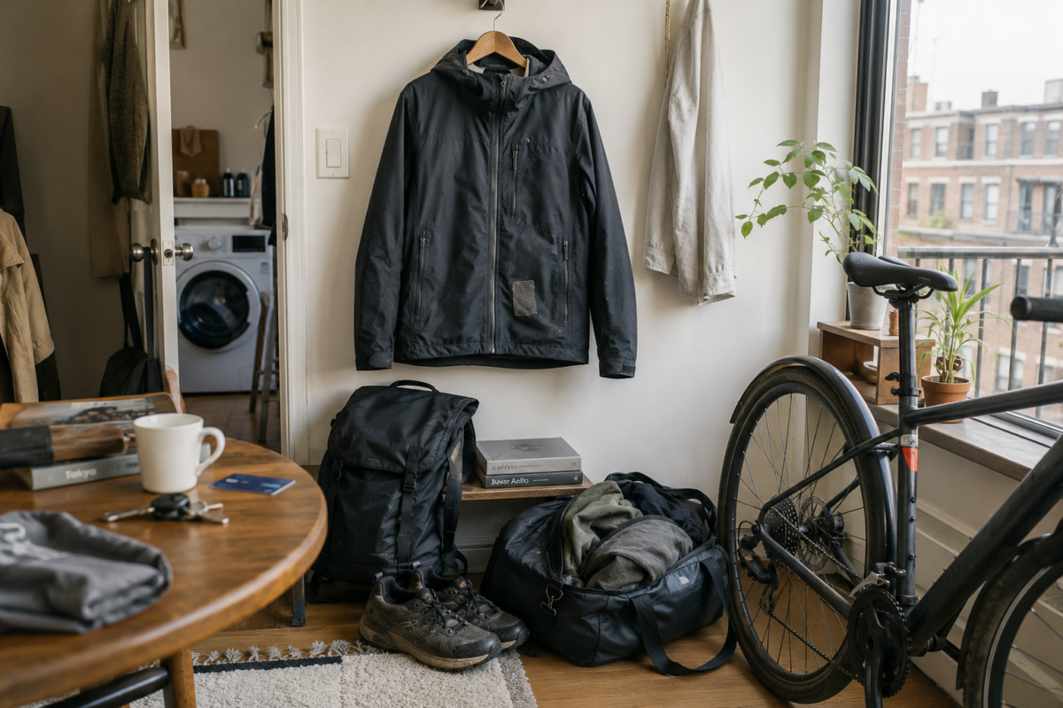 A repaired technical shell hanging in a lived-in apartment beside everyday travel gear