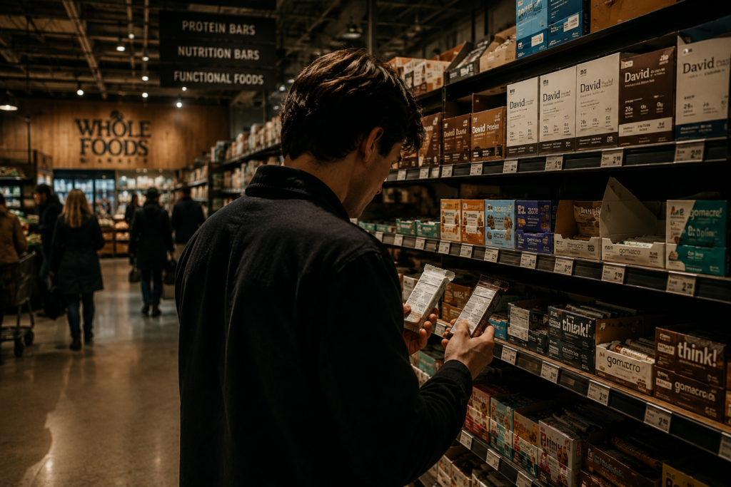 A shopper comparing nutrition labels on two protein bars in a modern supermarket