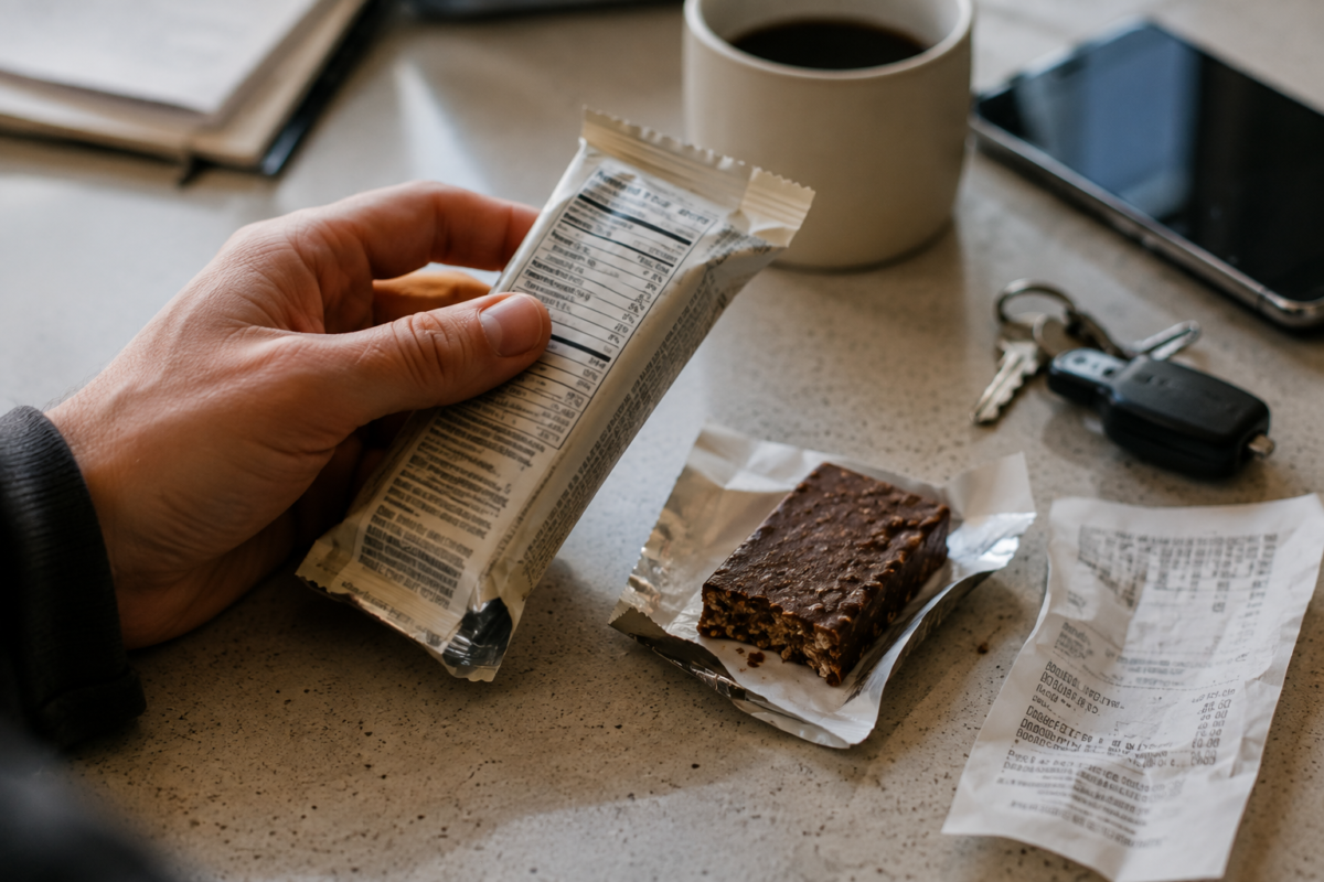 A person checking the nutrition panel on a protein bar before taking a bite