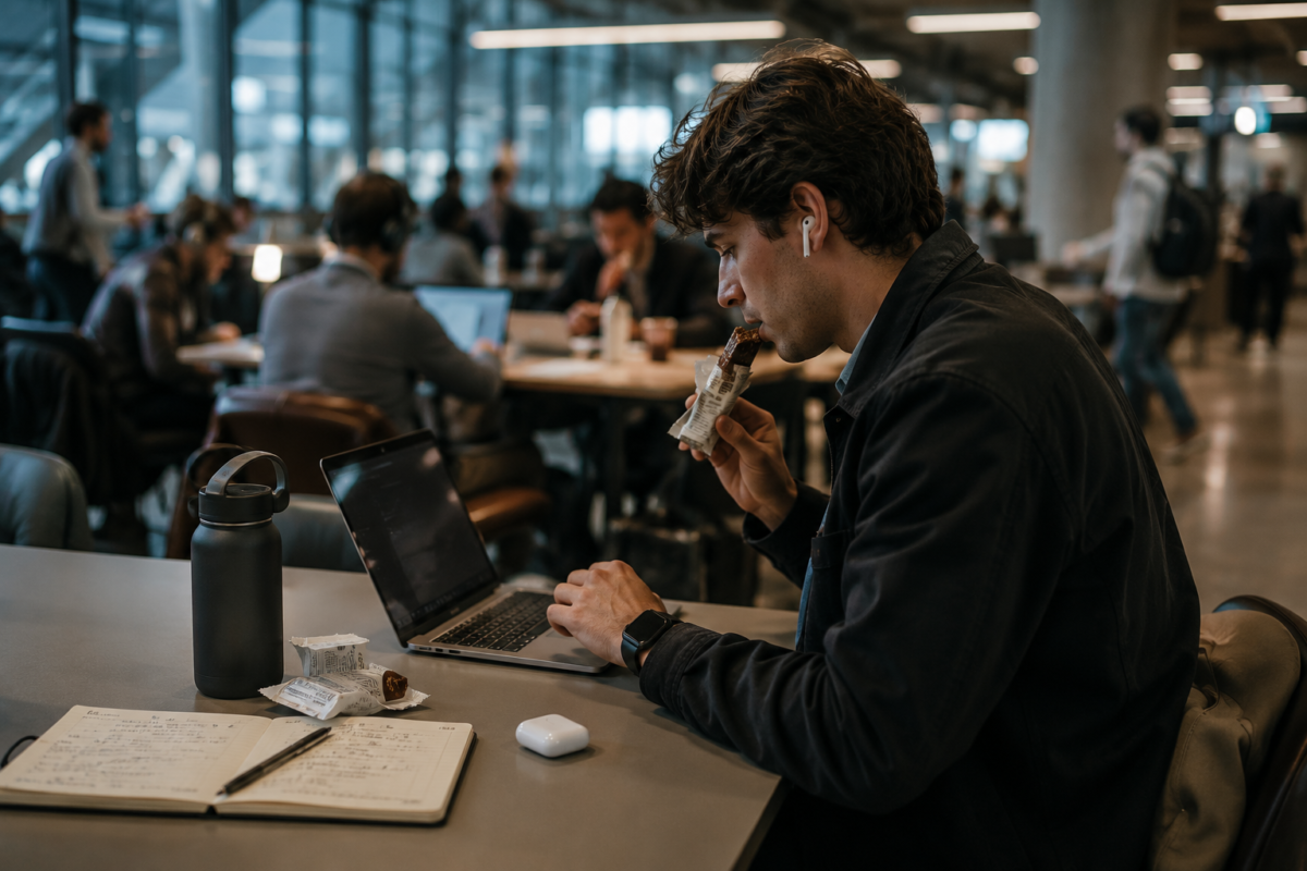 professional eating a protein bar while working in a busy contemporary shared space