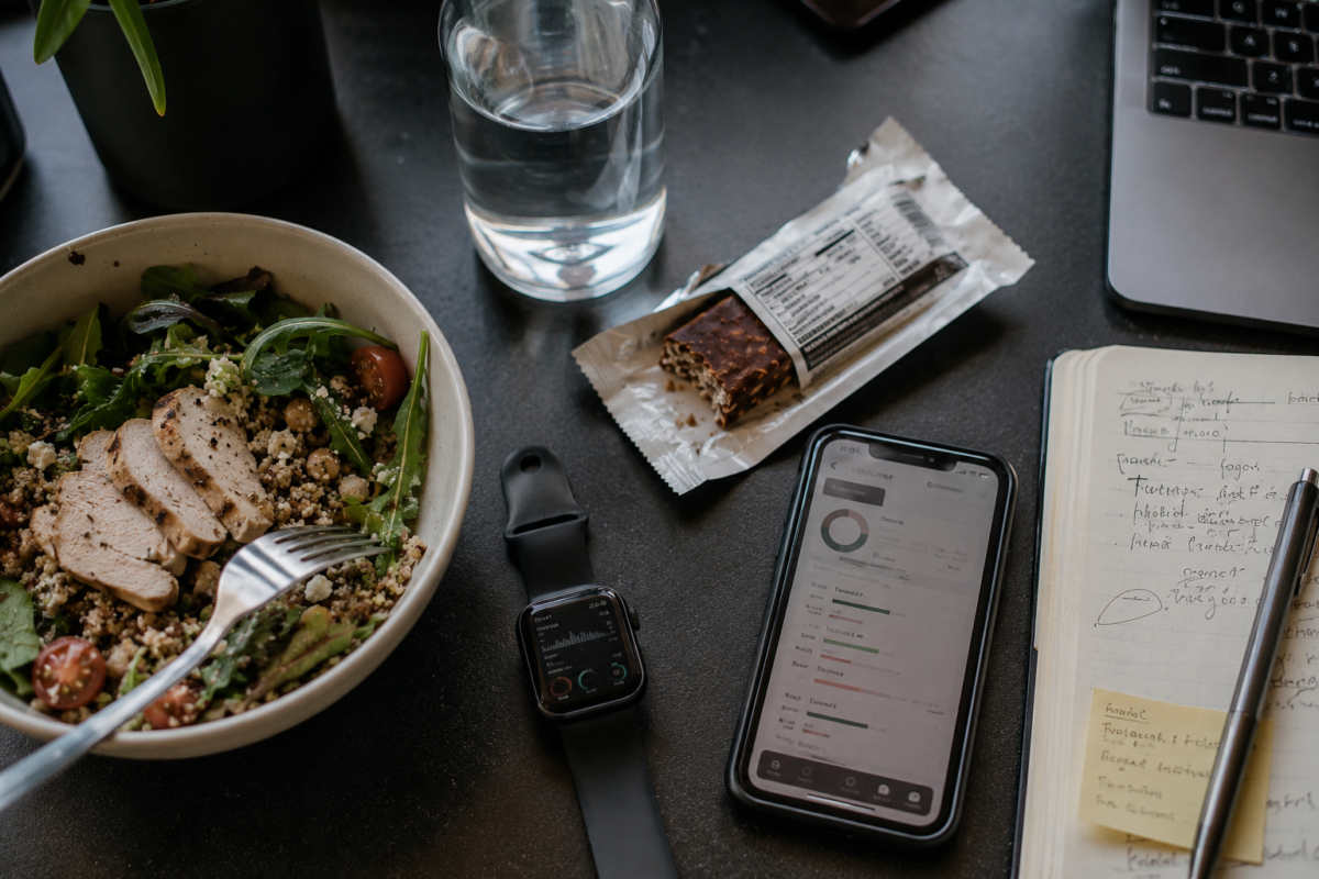 An everyday lunch beside a nutrition-tracking phone and a partially eaten protein bar