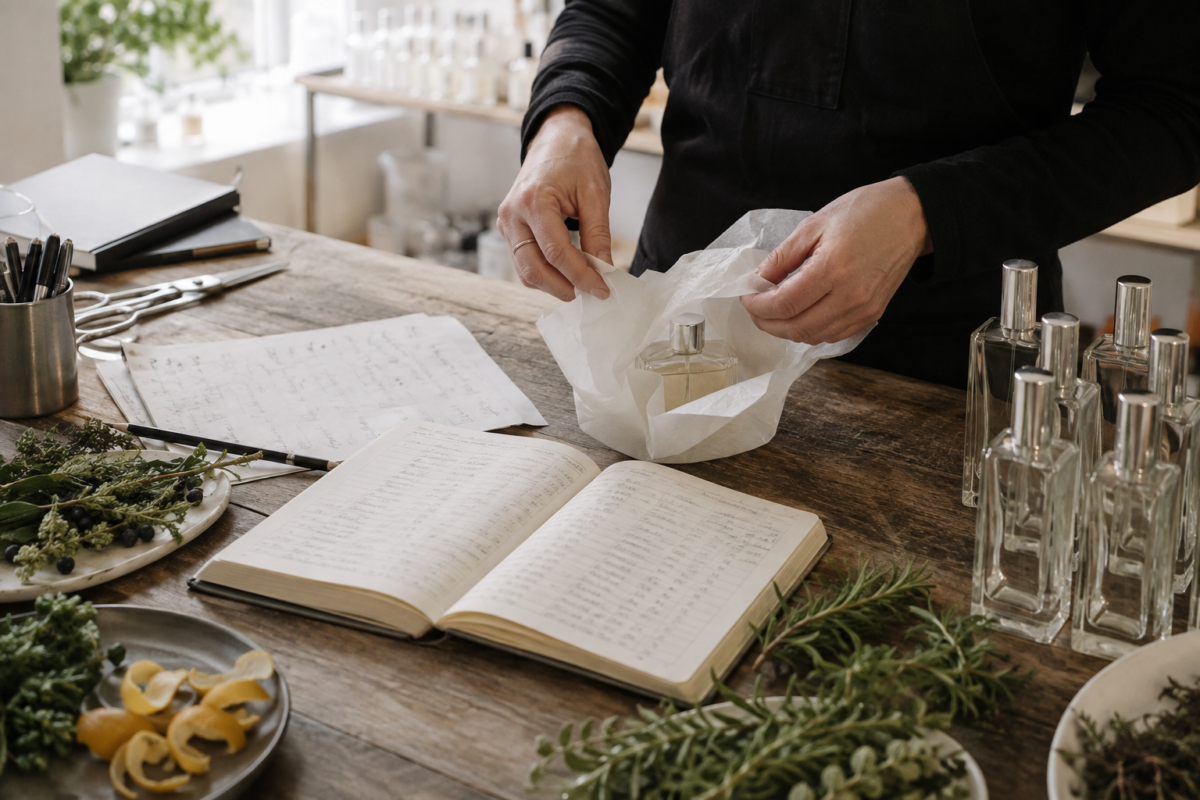 Small batch perfume bottles being prepared beside a handwritten production ledger