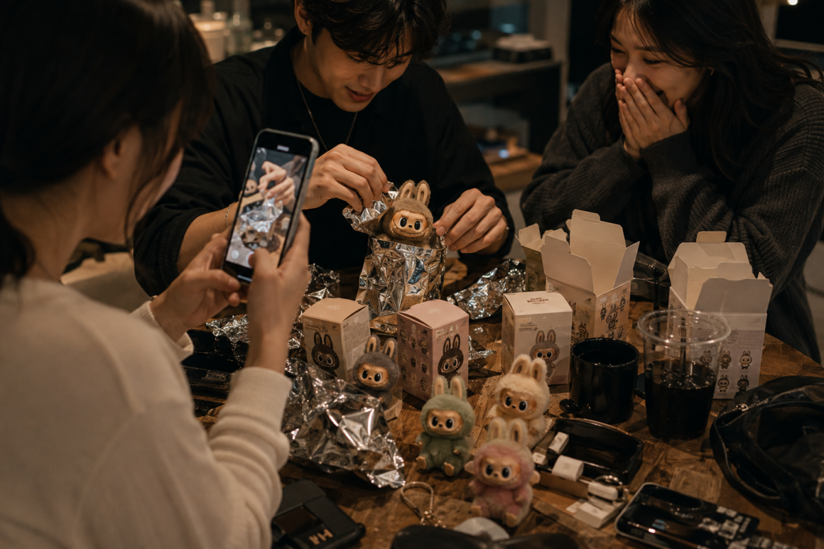 Adult collectors filming and opening mystery toy boxes together around a table