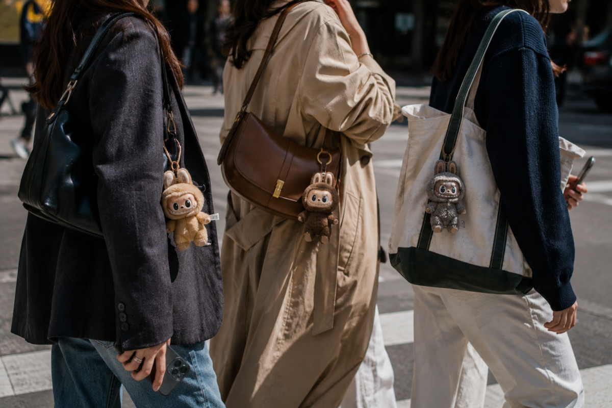 Playful collectible monster charms styled on adult handbags in a city street