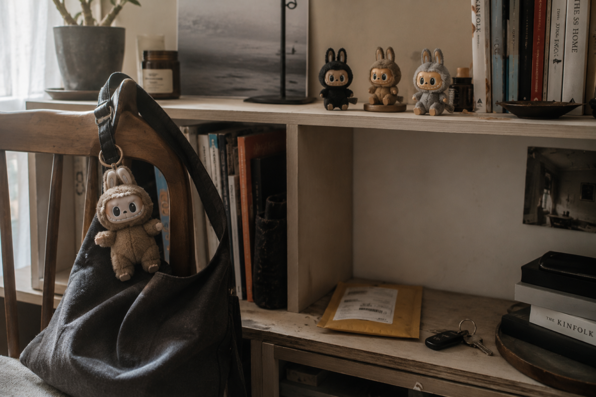 Collectible monster toys and a well-used bag charm integrated into an everyday home